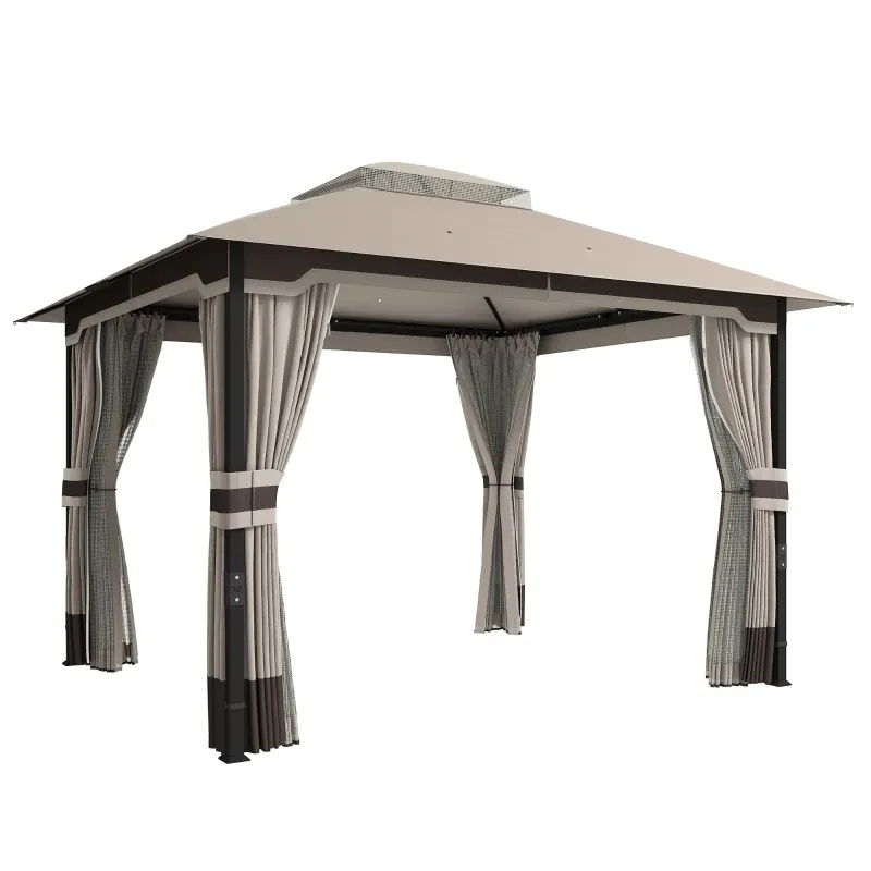 Pavillon 3 x 3,6 m mit Moskitonetz, Vorhängen, Doppeldach | Khaki