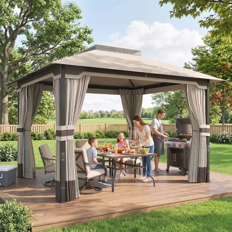Pavillon 3 x 3,6 m mit Moskitonetz, Vorhängen, Doppeldach | Khaki
