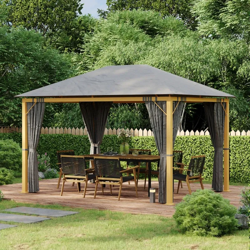Rechteckiger Luxus-Gartenpavillon, Pergola mit Vorhängen und Polyesterdach 4 x 3 m - Aluminiumgestell