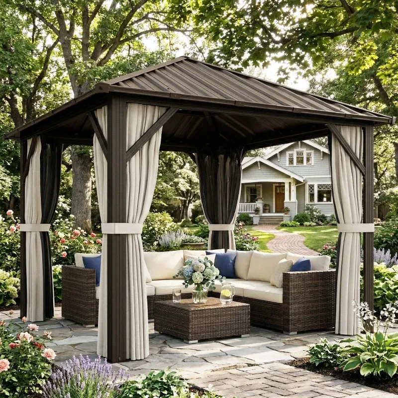 Gartenpavillon ca. 3 x 3 m Aluminium Pavillon mit festem Stahldach Hardtop Moskitonetz 4 Seitenteile, UPF50+