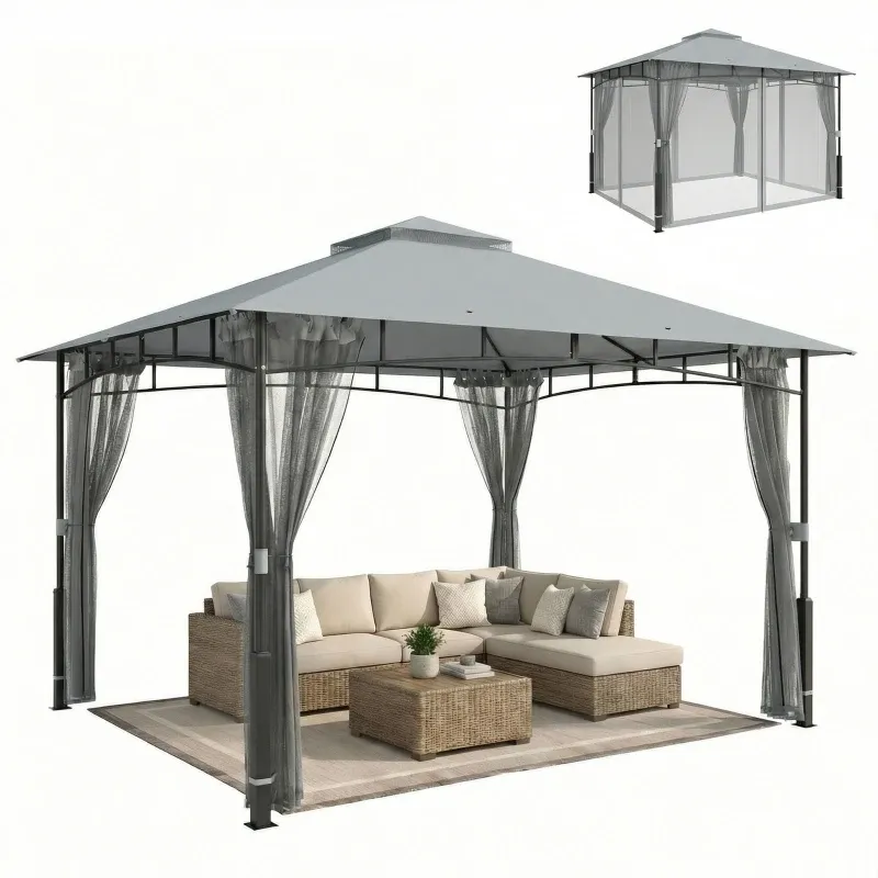 Gartenzelt mit Doppeldach Gartenpavillon mit Netzwänden UPF50+,  360x300x275 cm | Grau