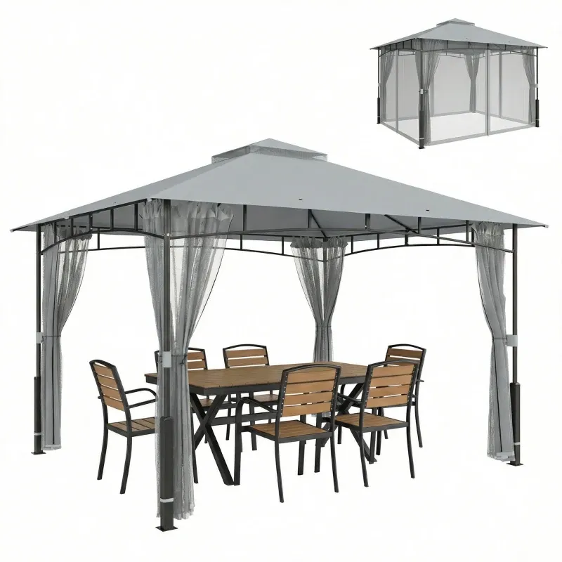 Gartenzelt mit Doppeldach Gartenpavillon mit Netzwänden UPF50+, 360x300x275 cm | Grau