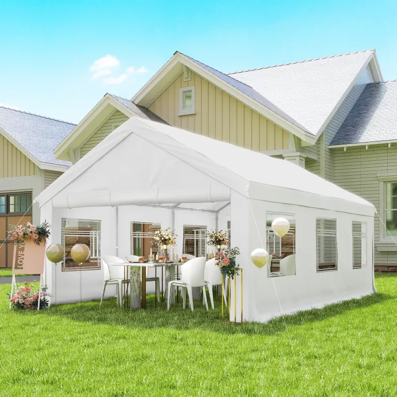 Gartenpavillon, Festzelt 4x6 m mit Seitenwänden, 6 Fenstern und Doppeleingang, aus verzinktem Stahl | Weiss