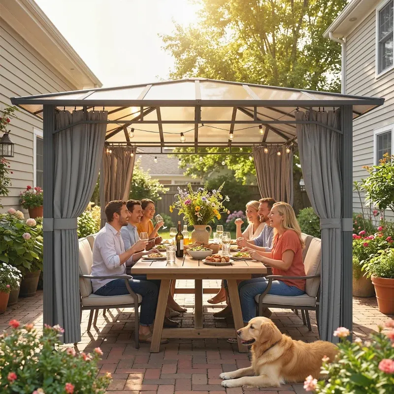 Luxus-Gartenpavillon ca. 3 x 3 m Metall Pavillon mit 6 mm starkem Polycarbonat-Dach 4 Seitenteile, UV50+ | Dunkelgrau