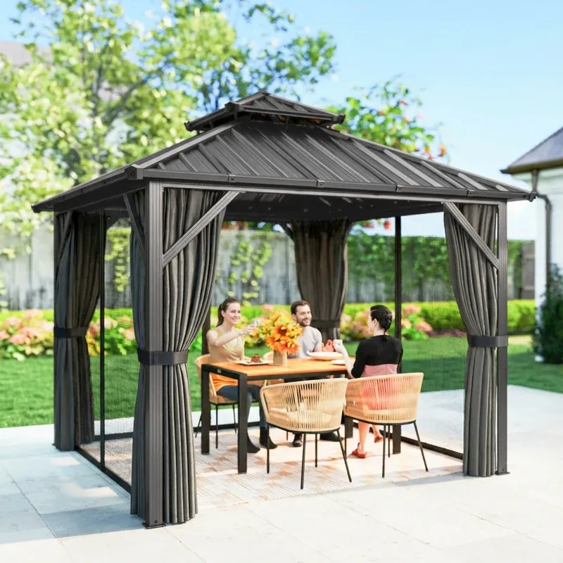 Pavillon 3 x 3 m mit festem Hartdach, Aluminiumrahmen und zweiteiligem Dach aus feuerverzinktem Stahl | Dunkelgrau