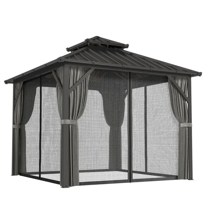 Pavillon 3 x 3 m mit festem Hartdach, Aluminiumrahmen und zweiteiligem Dach aus feuerverzinktem Stahl | Dunkelgrau