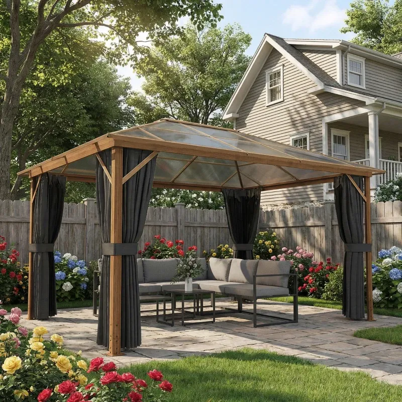 Luxus-Gartenpavillon ca. 4x3m Aluminium mit Polycarbonat-Dach 6 mm Moskitonetz in Holzoptik Naturholz