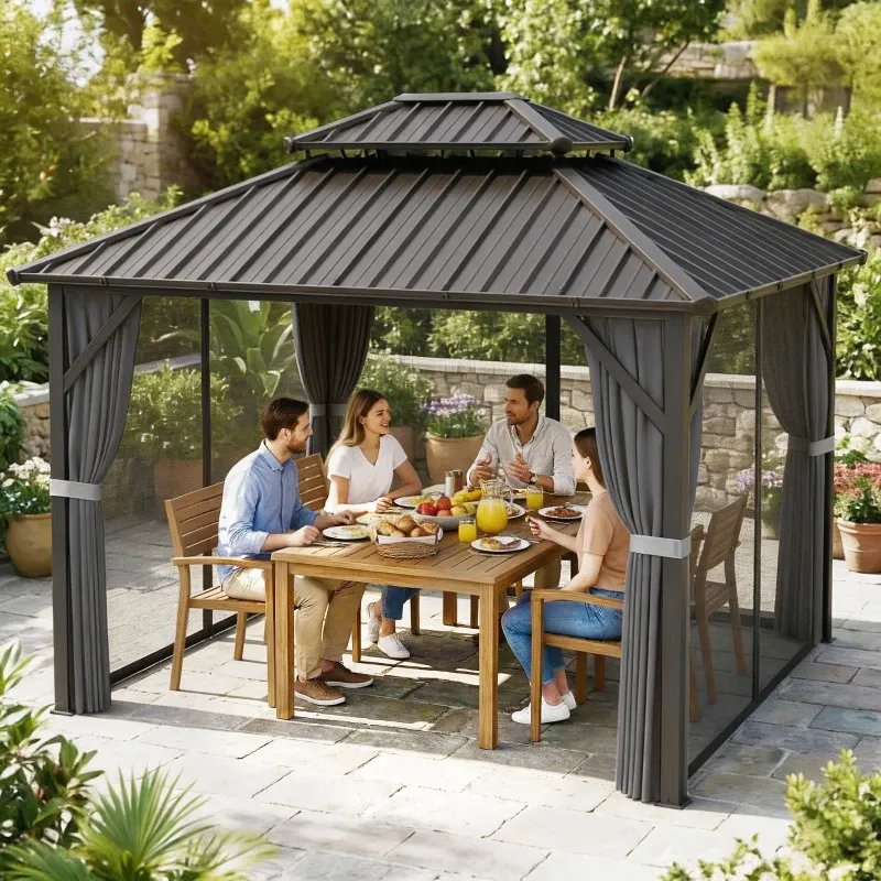 Luxus-Pavillon 3 x 3,6 m mit doppellagigem verzinktem Stahldach, Aluminiumgestell | Dunkelgrau