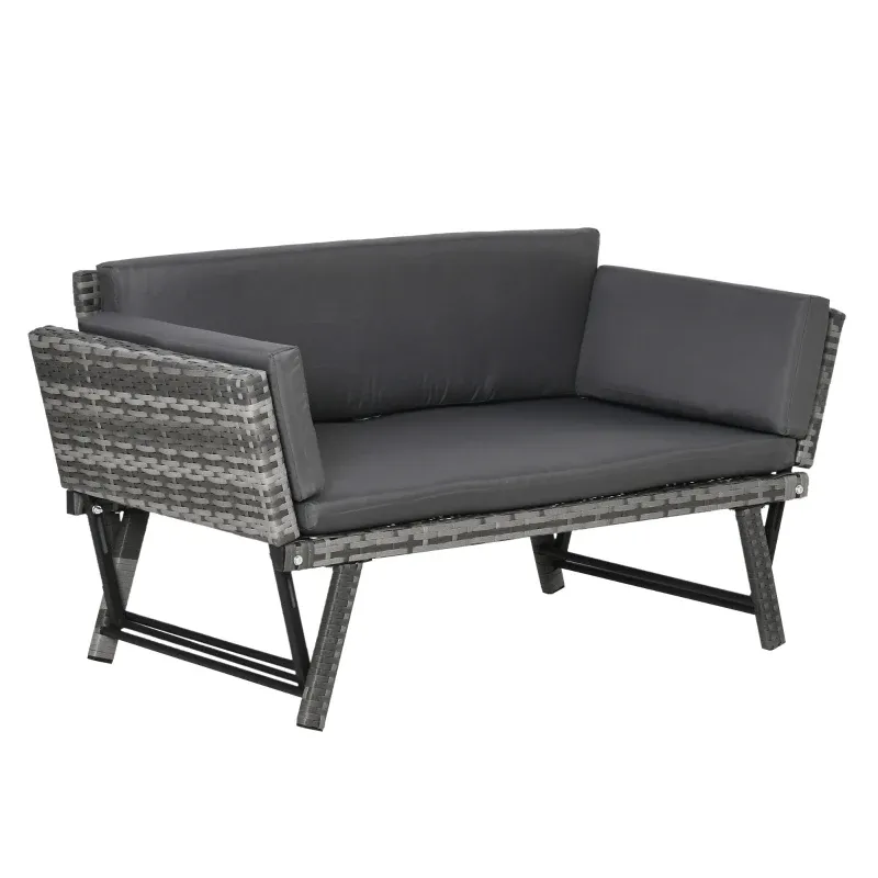 Rattan-Gartensofa 2 Sitzer Gartenmöbel Loungesofa Gartenbank Gartenliege klappbar Armlehnen Stahl | Grau