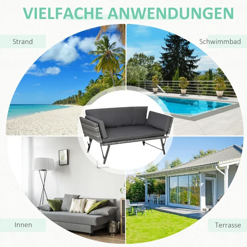 Rattan-Gartensofa 2 Sitzer Gartenmöbel Loungesofa Gartenbank Gartenliege klappbar Armlehnen Stahl | Grau