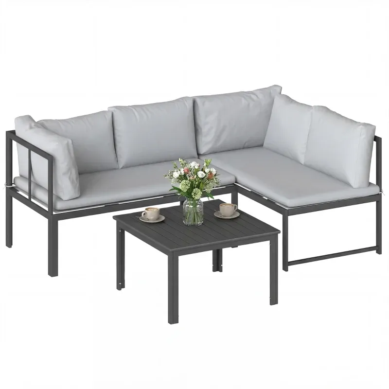 3-tlg. Gartengarnitur mit 4-sitzigem Ecksofa und Latten-Tisch, Metall und Polyester | Grau