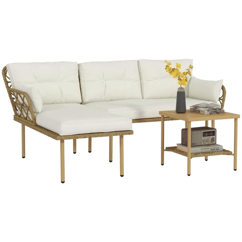 Rattan-Gartensofa-Ecke 4 Personen 3-teilig mit 1 Couchtisch Kissen hoher Komfort | Creme