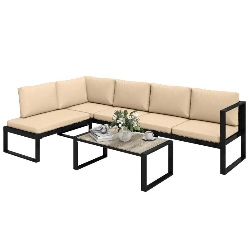4-teiliges Gartenmöbel-Set, Sofa-Set mit 2 Zweisitzern, armloser Stuhl, Couchtisch, für Balkon | Khaki