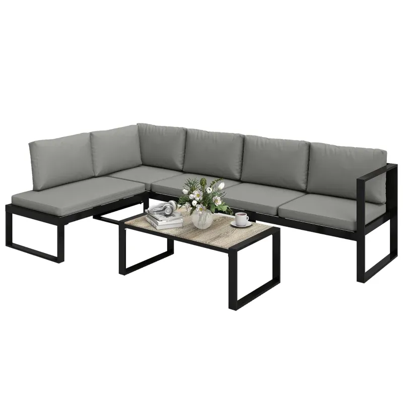 Eck-Gartenlounge für 5 Personen mit 2 Sofas, Sessel ohne Armlehnen, Couchtisch | Dunkelgrau