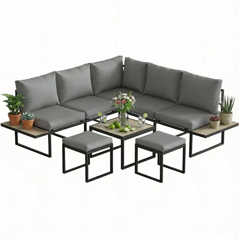Modulare Gartenlounge für 6 Personen mit Couchtisch und Seitentischen in PSPC-Holzoptik, dicke 10 cm Kissen | grau
