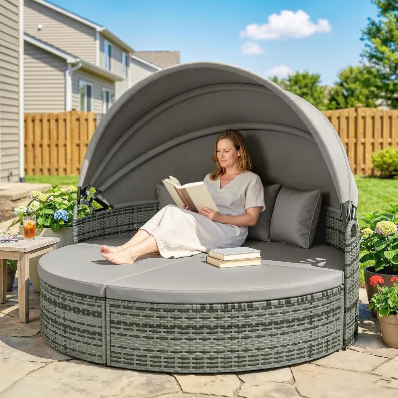 Rundes Rattan-Sonnenbett, modulares 3-tlg. mit einziehbarem Sonnendach | Hellgrau