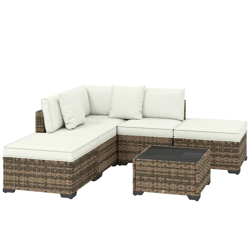 Rattan-Eck-Gartenlounge 5 Plätze mit Sofa, Fusshocker, Couchtisch und Kissen | Creme