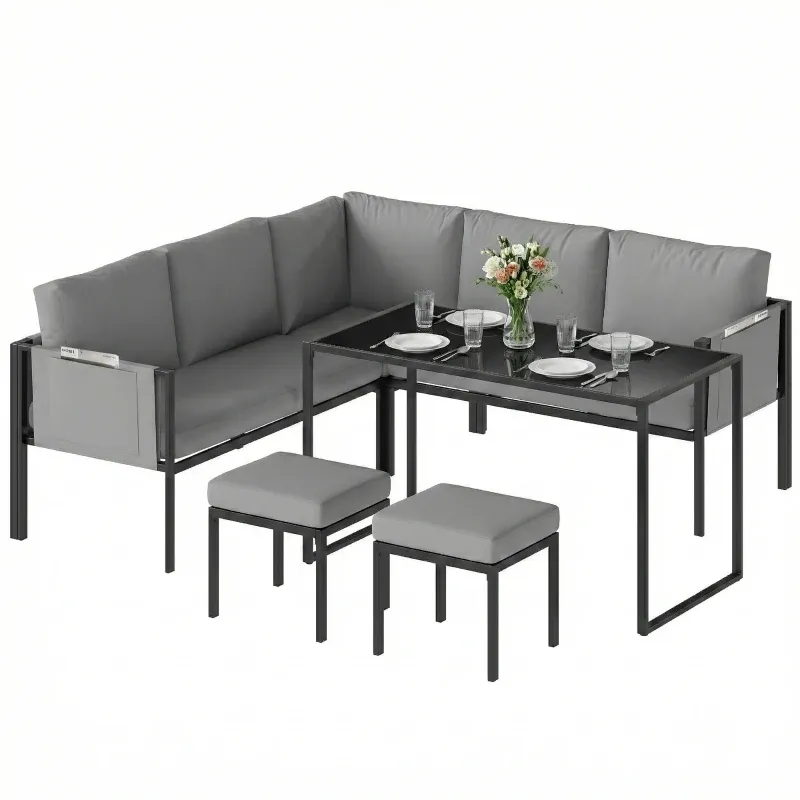 Gartenlounge Essgruppe Aussen 6-teilig Polster, Hoher Tisch und 2 Fusshocker | Grau