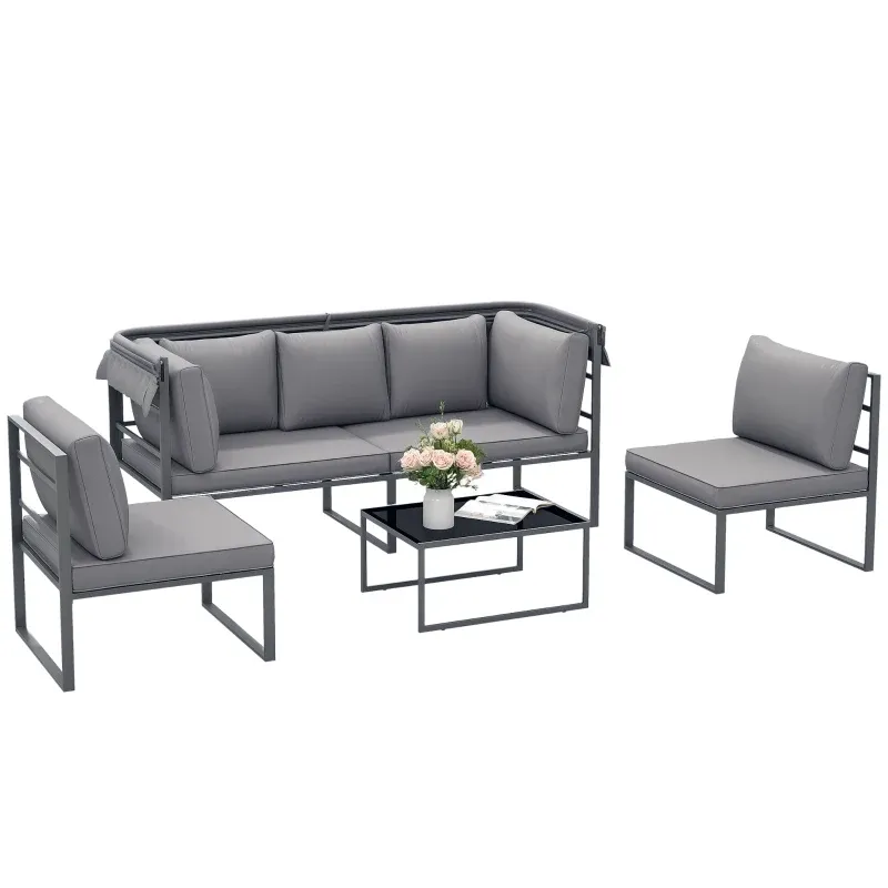 Aussenmöbel-Set, 3-Sitzer-Sofa mit Baldachin, 2 Stühle, Couchtisch mit Glasplatte, 12 Kissen, Stahlrahmen | Grau