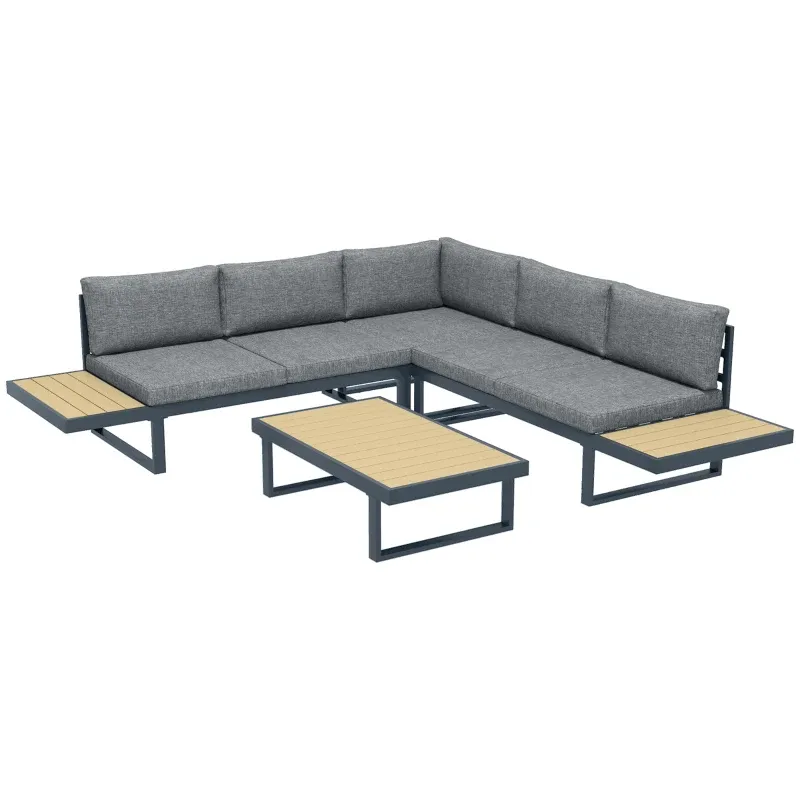 Design Ecksofa-Set 5 Plätze Kissen Couchtisch Aluminium Anthrazitgrau Holzoptik
