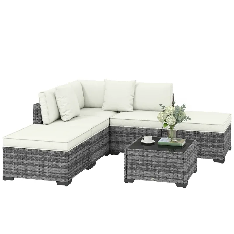 6-teiliges Rattan-Gartenmöbel-Set mit Ecksessel, Sofas ohne Armlehnen, Fusshocker und Tisch | Grau-Mix