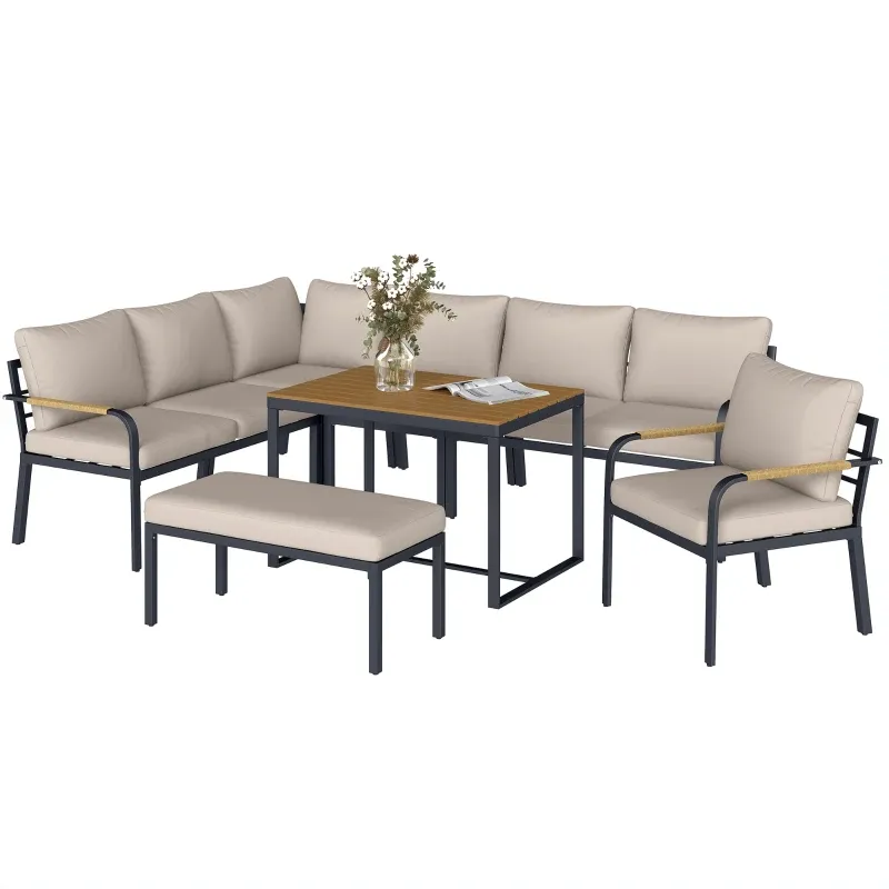 7-teiliges Gartenmöbel-Set Modulares Ecksofa mit WPC-Tisch und Hocker | Beige und Grau