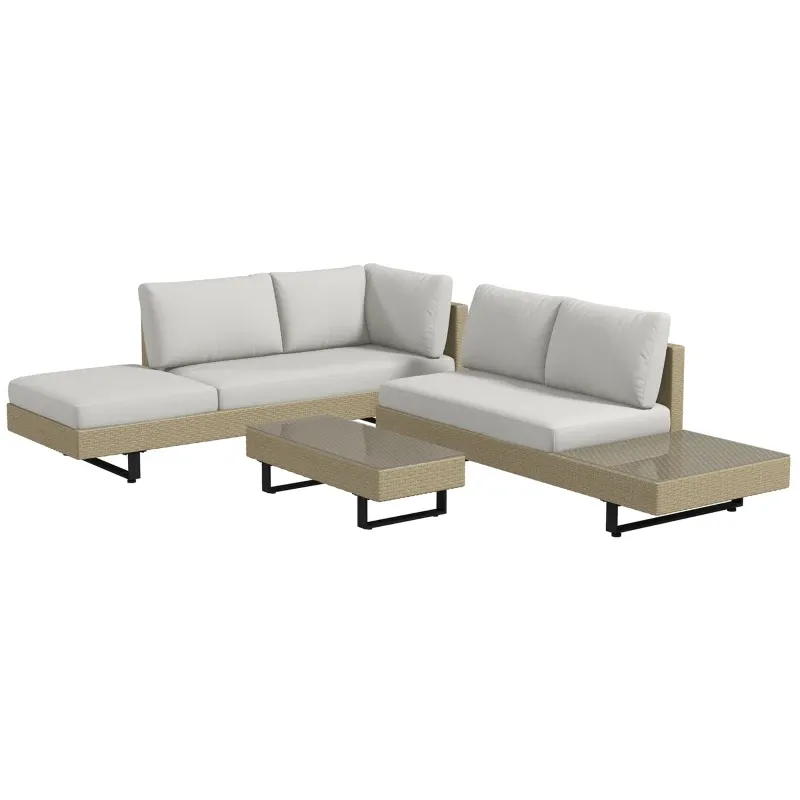 Ratan-Ecksofa-Set für 5 Personen modernes Design, abnehmbare Kissen, Couchtisch, beige