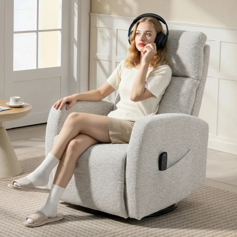 Verstellbarer Massagesessel mit Heizung, Relaxsessel aus Chenille, verstellbare Rückenlehne, 360° drehbar | Creme