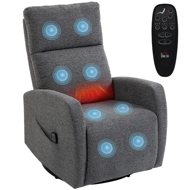 Relaxsessel Drehbarer Fernsehsessel mit Wärme und Vibrationsmassage, Liegefunktion, Wippfunktion | Dunkelgrau