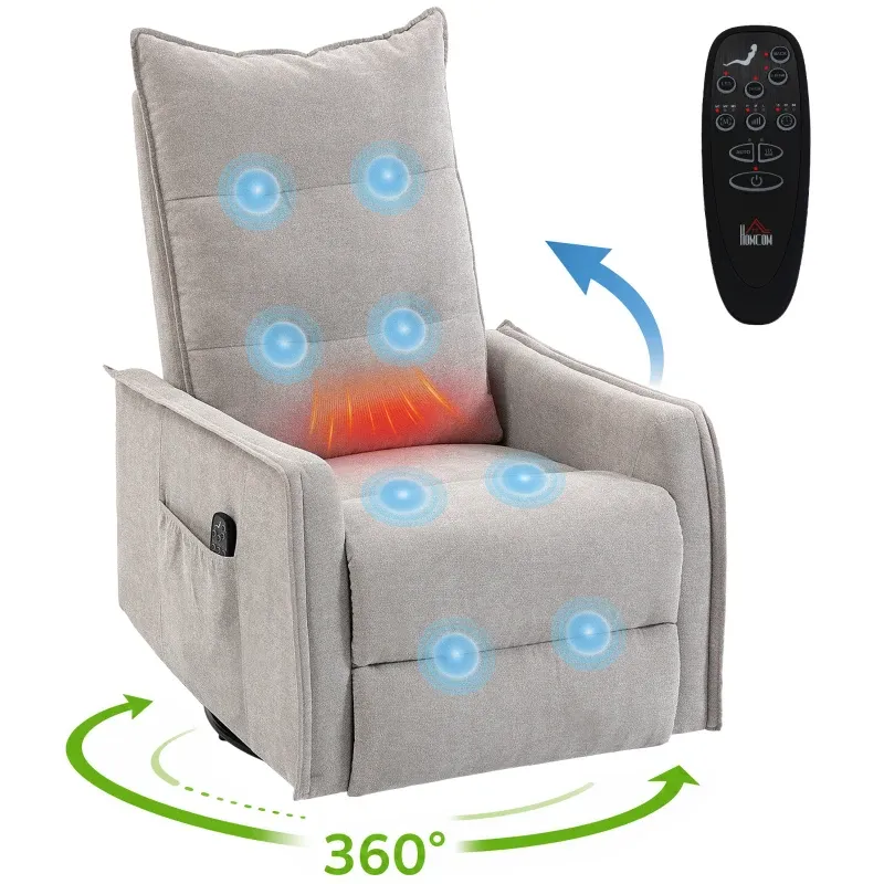 Massagesessel verstellbar mit Heizfunktion, drehbar, aus Chenille mit Fusstütze und Fernbedienung | Hellgrau