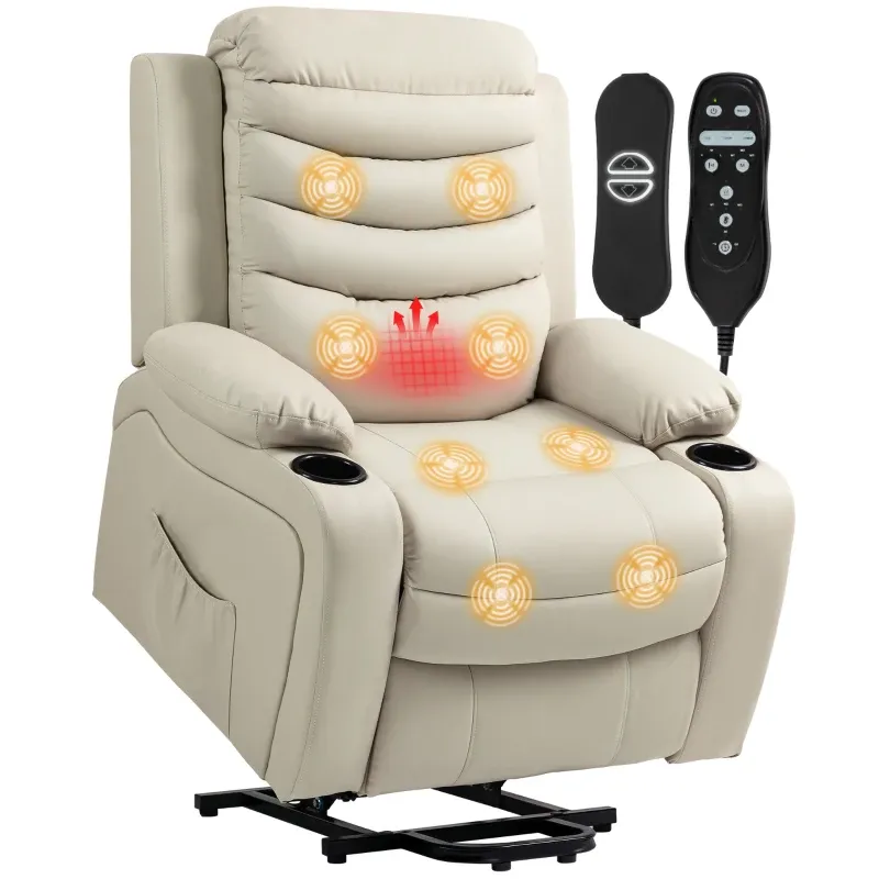 Fernsehsessel Massagesessel Elektrisch mit Aufstehhilfe, Massage, Heizung, USB-Anschlüsse, PU | Creme