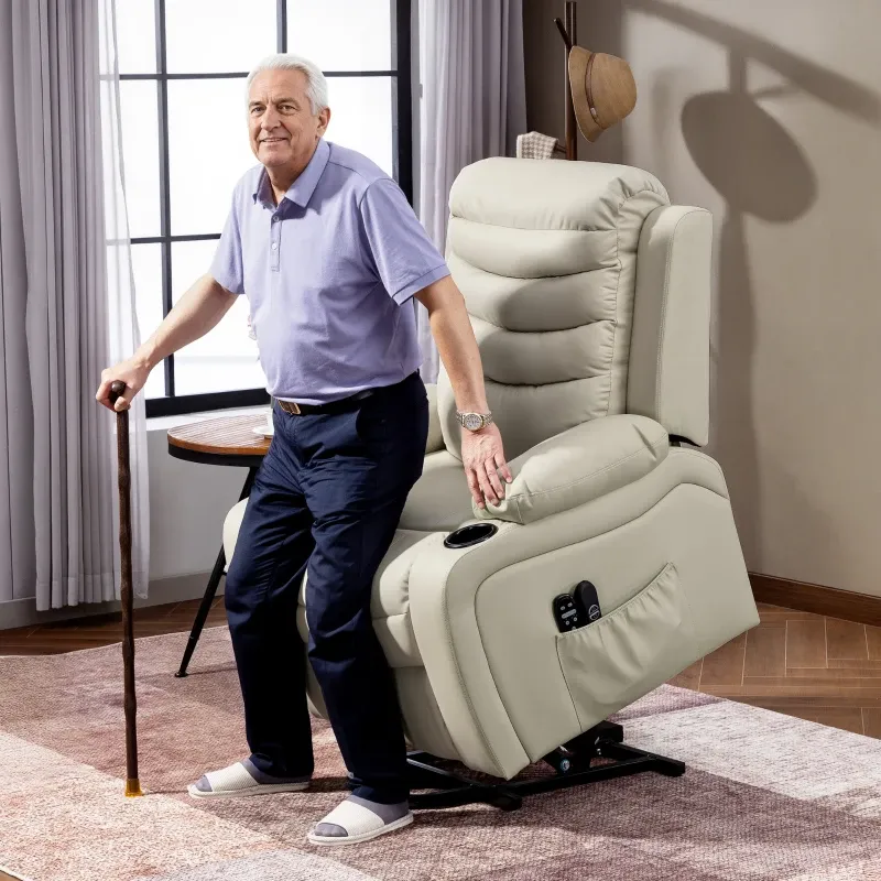 Fernsehsessel Massagesessel Elektrisch mit Aufstehhilfe, Massage, Heizung, USB-Anschlüsse, PU | Creme