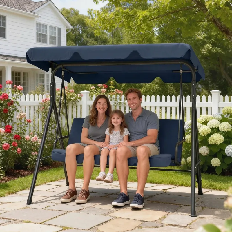 Hollywoodschaukel, Gartenschaukel für draussen 3-Sitzer mit verstellbarem Verdeck und Stahlrahmen 172x118x153 cm | Marineblau
