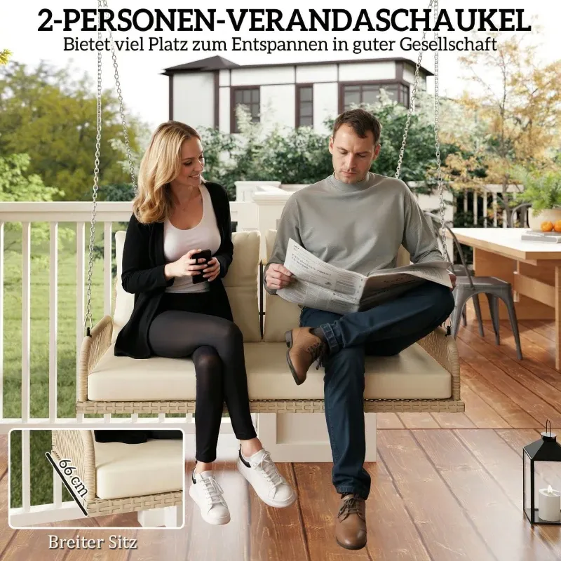 2-Sitzer Rattan Veranda-Schaukel mit Kissen Ketten bis 240 kg 115 x 66 x 44 cm | Beige
