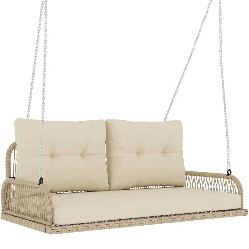 2-Sitzer Rattan Veranda-Schaukel mit Kissen Ketten bis 240 kg 115 x 66 x 44 cm | Beige 2-Sitzer Rattan Veranda-Schaukel mit Kissen Ketten bis 240 kg 115 x 66 x 44 cm | Beige