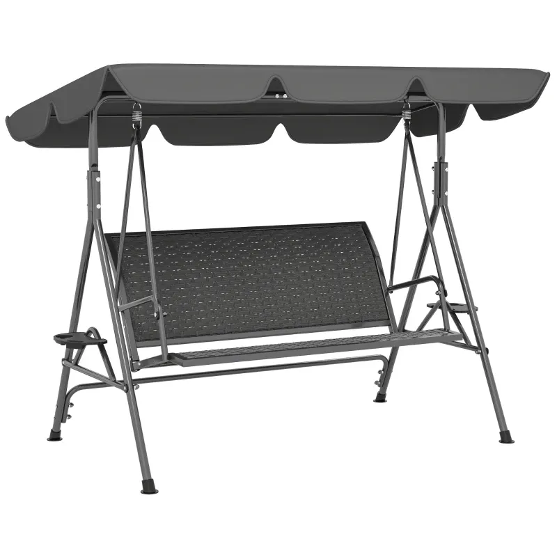 Hollywoodschaukel, Gartenschaukel 3-Sitzer aus PE-Rattan mit Sonnendach und Getränkehalter, Grau Hollywoodschaukel, Gartenschaukel 3-Sitzer aus PE-Rattan mit Sonnendach und Getränkehalter, Grau