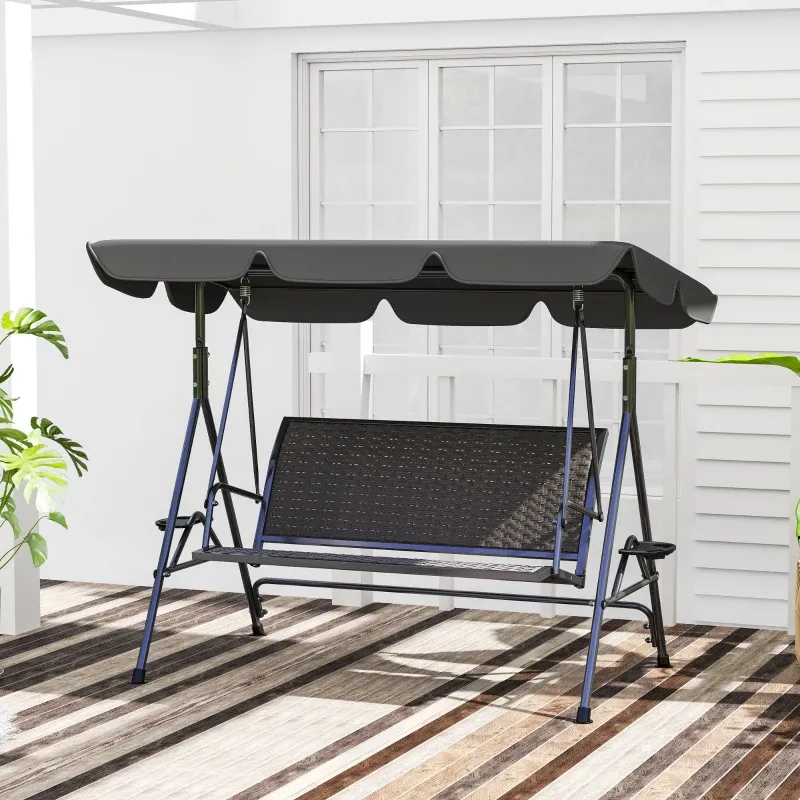 Hollywoodschaukel, Gartenschaukel 3-Sitzer aus PE-Rattan mit Sonnendach und Getränkehalter, Grau