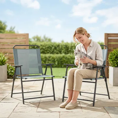 klappbare Gartenstühle, Set mit 2 Campingstühlen mit Netzsitz | Grau