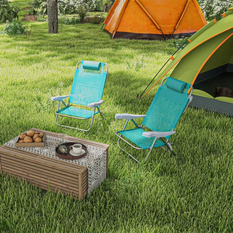 2er Set Campingstühle mit 6-fach verstellbarer Netzrückenlehne Kopfstütze 62 x 65 x 80 cm | Türkis