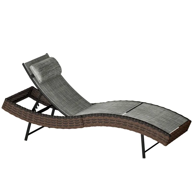 S-förmige Garten-Sonnenliege aus Rattan mit Nackenkissen, 5-fach verstellbar, 60x198x44cm | Braun