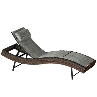 S-förmige Garten-Sonnenliege aus Rattan mit Nackenkissen, 5-fach verstellbar, 60x198x44cm | Braun