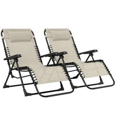 2er-Set Sonnenliegen, klappbare, verstellbare Liege mit Kopfstütze aus Textilene, 90 x 65 x 112 cm | beige