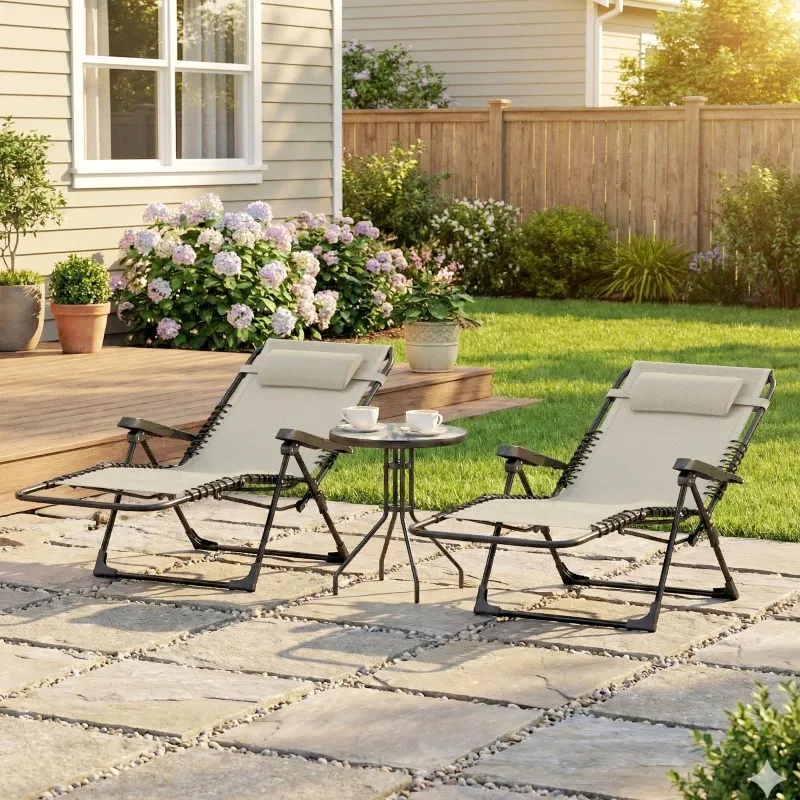 2er-Set Sonnenliegen, klappbare, verstellbare Liege mit Kopfstütze aus Textilene, 90 x 65 x 112 cm | beige