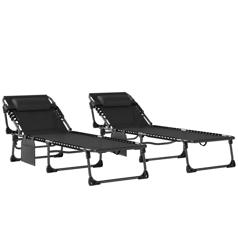 2er Set Garten-Sonnenliegen, klappbar und in 5 Stufen verstellbar mit Kopfkissen, 57x200x38 cm | Schwarz