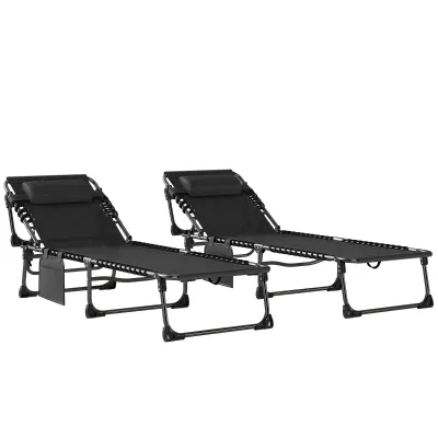 2er Set Garten-Sonnenliegen, klappbar und in 5 Stufen verstellbar mit Kopfkissen, 57x200x38 cm | Schwarz