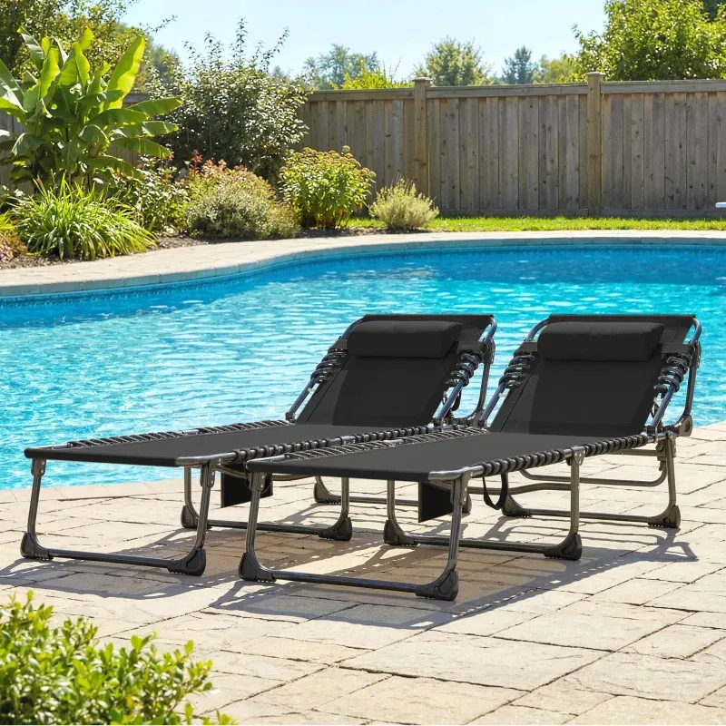 2er Set Garten-Sonnenliegen, klappbar und in 5 Stufen verstellbar mit Kopfkissen, 57x200x38 cm | Schwarz