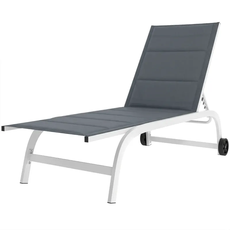 ​Sonnenliege für Garten mit Rollen, aus Texteline mit Aluminiumrahmen | Dunkelgrau und Weiss