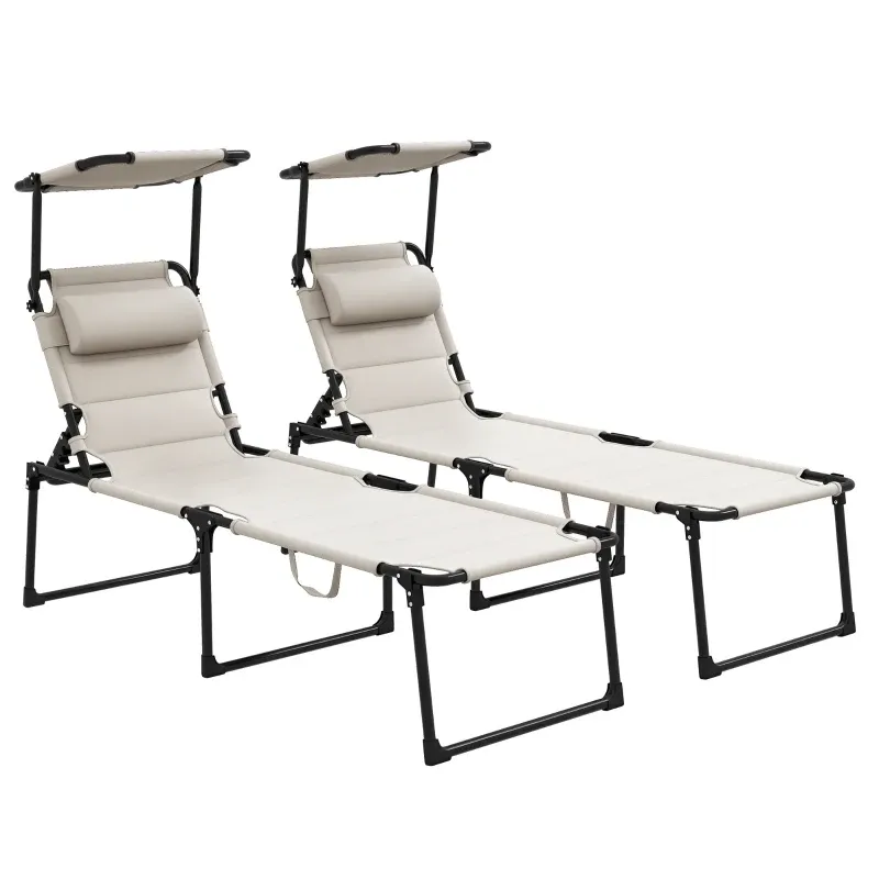 2er-Set Sonnenliegen, faltbar, hoher Komfort, Sonnendach, | Creme