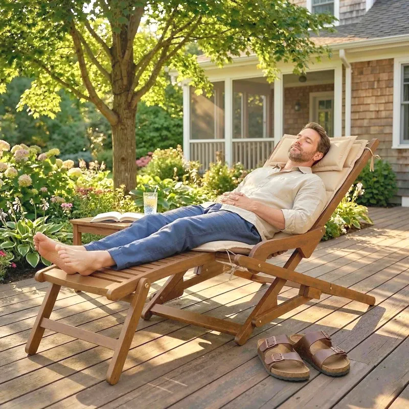 Klappbarer Holzliegestuhl / Sonnenliege mit abnehmbarem Fussteil und Kissen Beige