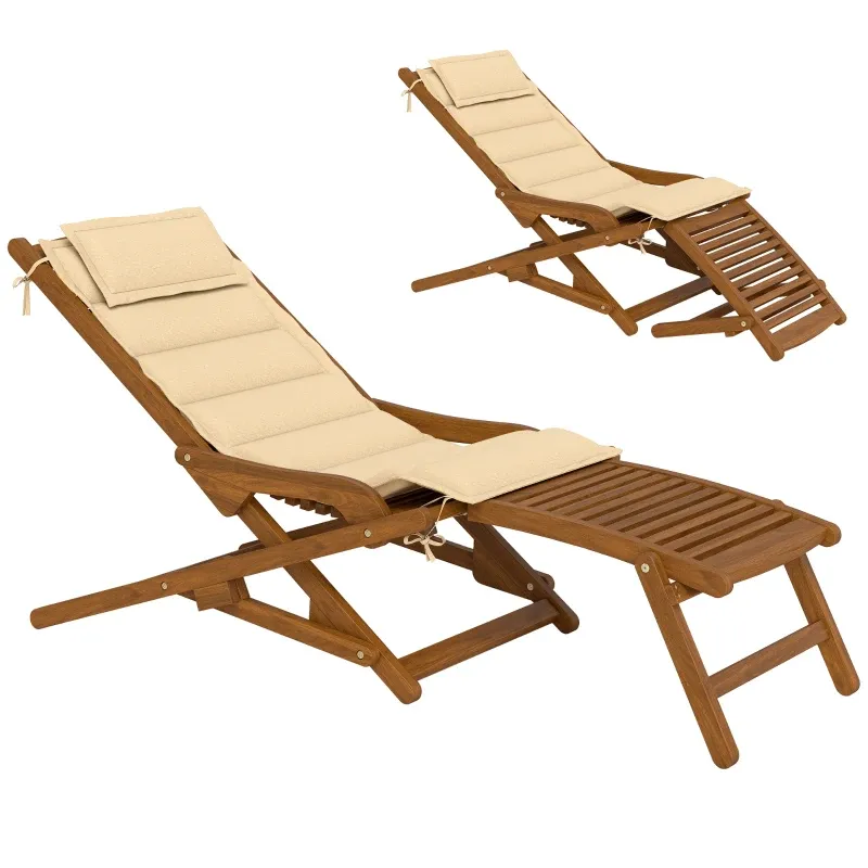 Klappbarer Holzliegestuhl / Sonnenliege mit abnehmbarem Fussteil und Kissen Beige